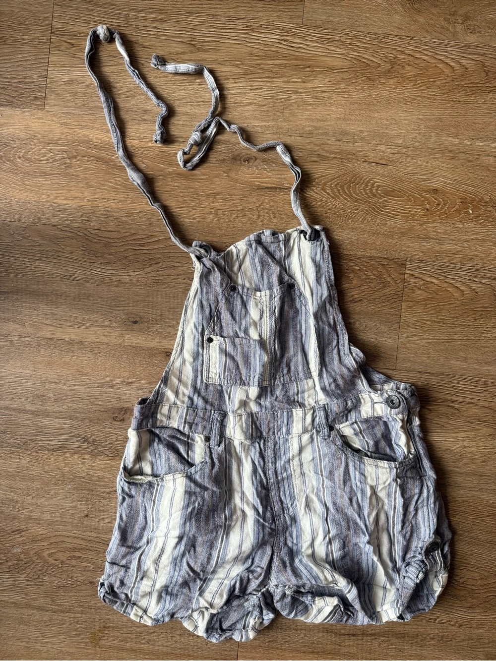Free People Striped Linen-Blend Romper in Cream and Gray